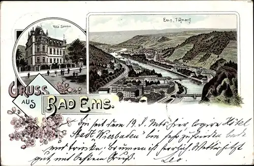 Vorläufer Litho Bad Ems an der Lahn, Villa Sommer, Totalansicht, 1895