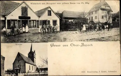 Ak Aspach le Haut Oberaspach Elsass Haut Rhin, Wirtschaft und Metzgerei zum grünen Baum, Kirche