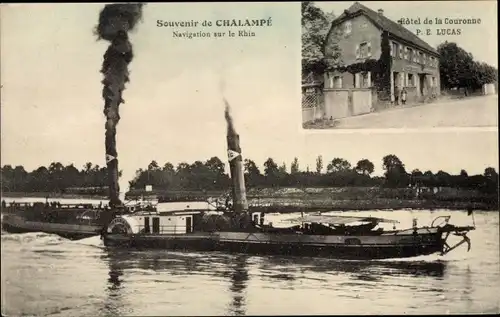 Ak Chalampé Eichwald Elsass Haut Rhin, Hotel de la Couronne, Frachtdampfer auf dem Rhein