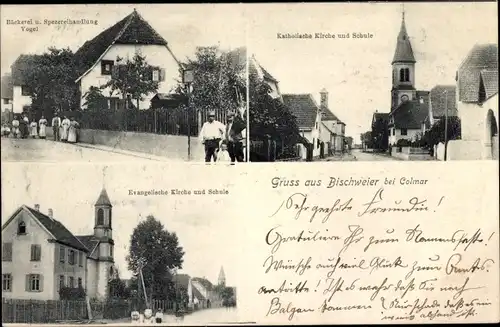 Ak Bischwihr Bischweier Elsass Haut Rhin, Kirche, Schule, Bäckerei