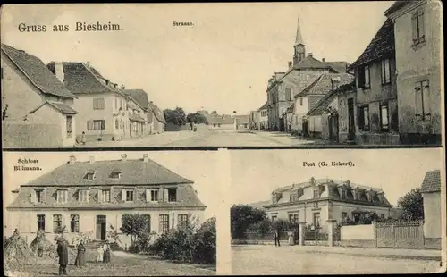 Ak Biesheim Elsass Haut Rhin, Post, Schloss Billmann, Straßenpartie