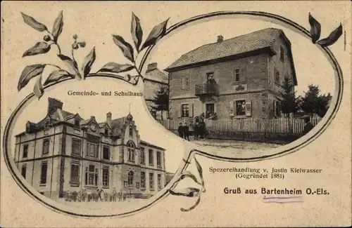 Ak Bartenheim Elsass Haut Rhin, Spezereihandlung, Gemeindehaus, Schulhaus