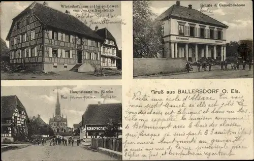 Ak Ballersdorf Elsass Haut Rhin, Schule, Gasthaus zum goldenen Löwen, Gemeindehaus