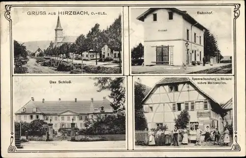 Ak Hirtzbach Hirzbach Elsass Haut Rhin, Bahnhof, Spezereihandlung, Schloss