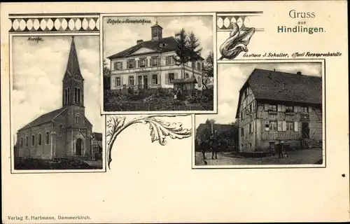 Ak Hindlingen Elsass Haut Rhin, Gasthaus, Schule, Gemeindehaus, Kirche