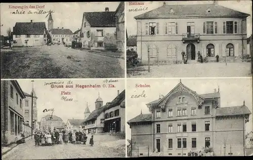 Ak Hégenheim Hegenheim Elsass Haut Rhin, Rathaus, Schulen, Ortseingang