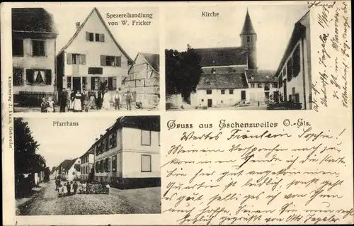 Ak Eschentzwiller Eschenzweiler Elsass Haut Rhin, Kirche, Spezereihandlung, Pfarrhaus