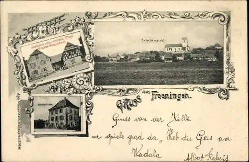 Ak Froeningen Elsass Haut Rhin, Gasthaus zum weißen Pferd, Totalansicht, Schule