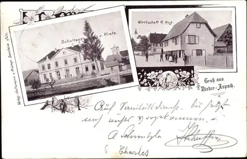 Ak Aspach le Bas Niederaspach Elsass Haut Rhin, Schule, Kirche, Gasthaus