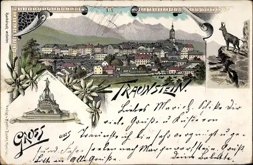 Litho Traunstein in Oberbayern, Totalansicht, Brunnen, Gemse