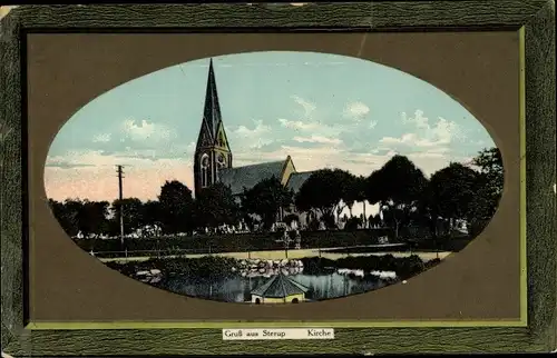 Passepartout Ak Sterup in Angeln, Kirche, Teich