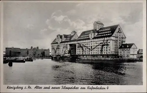 Ak Kaliningrad Königsberg Ostpreußen, Alter und neuer Silospeicher am Hafenbecken 4