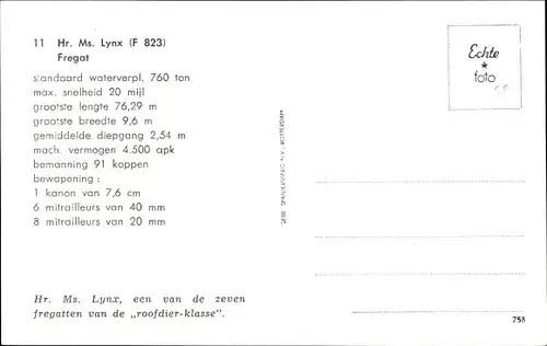 Ak Niederländisches Kriegsschiff, Hr. Ms. Lynx, F 823, Fregatte