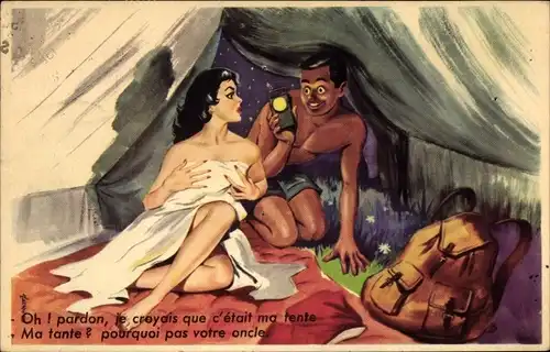 Künstler Ak Mann irrt sich im Zelt, nackte Frau bedeckt sich mit Bettlaken