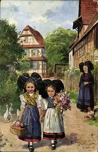 Künstler Ak Hoffmann, H., Kinder und Frau in Elsässer Volkstrachten, Fachwerkhäuser, Gänse