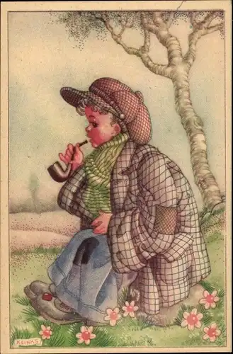 Künstler Ak Links, Karel L., Junge mit Pfeife in zu großen Sachen