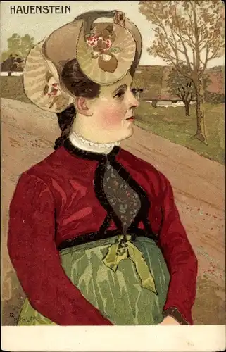 Künstler Litho Bühler, Hauenstein Laufenburg am Hochrhein, Frau in Volkstracht