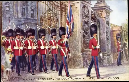 Künstler Ak City of Westminster Greater London, Scots Guards leaving Buckingham Palace