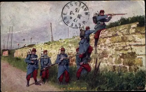 Künstler Ak En Embuscade, Französische Soldaten, Hinterhalt, I WK