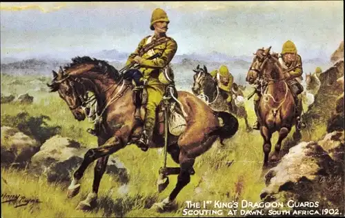 Künstler Ak Payne, Harrs, The 1st King's Dragoon Guards, Scouting at Dawn, Südafrika 1902