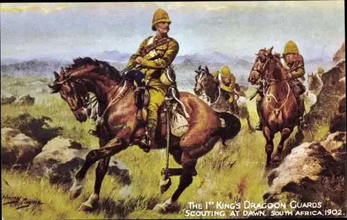 Künstler Ak Payne, Harry, The Ist King's Dragoon Guards, Scouting at Dawn, Südafrika 1902
