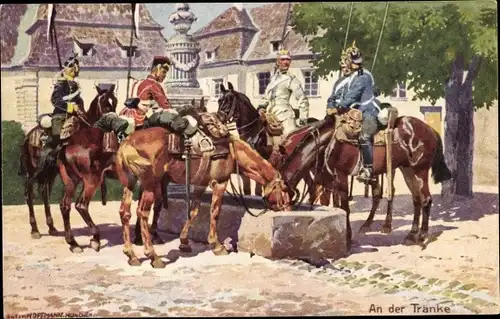 Künstler Ak Hoffmann, Anton, An der Tränke, Deutsche Kavallerie, Ulanen