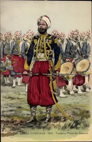 Künstler Ak Toussaint, kaiserliche Garde 1863, Trommelmajor der Zuaven