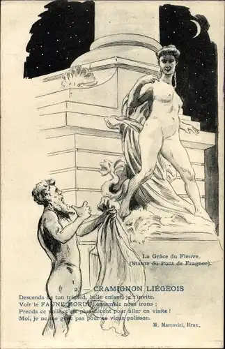 Künstler Ak Liège Lüttich Wallonien, La Grace du Fleuve, Statue du Pont de Fragnee