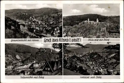 Ak Altena in Westfalen, Gesamtansicht mit Lenne, Teilansicht mit Burg, Nettetal, Burg