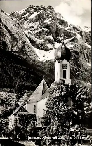 Ak Grainau in Oberbayern, Kirche, Blick zur Zugspitze