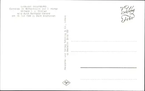 Ak Dillenburg in Hessen, Gemälde von J. Hamel im Wilhelmsturm. Ermordung Wilhelm I. von Oranien