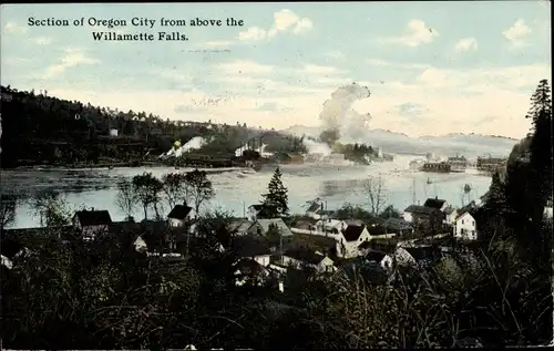 Ak Oregon USA, Abschnitt von Oregon City von oberhalb der Willamette Falls