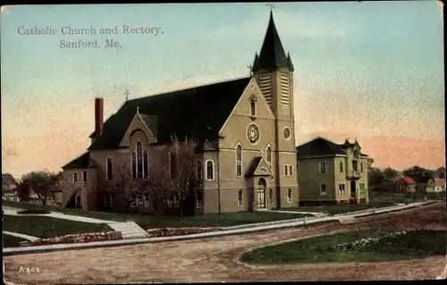 Ak Sanford Maine USA, Katholische Kirche und Pfarrhaus