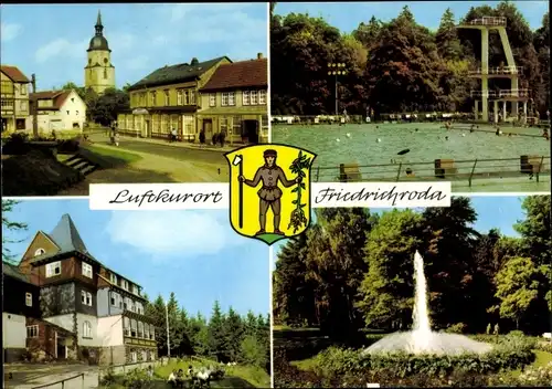 Wappen Ak Friedrichroda im Thüringer Wald, Platz der DSF, Spießberghaus, Schwimmbad, Springbrunnen