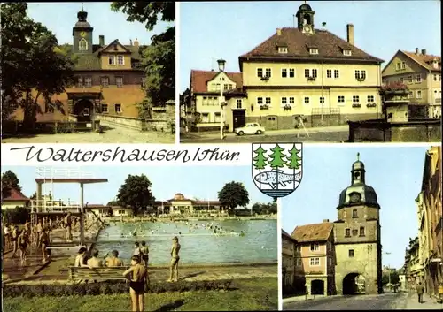 Ak Waltershausen in Thüringen, Schloss Tennenberg, Rathaus am Markt, Schwimmbad, Nikolaustor