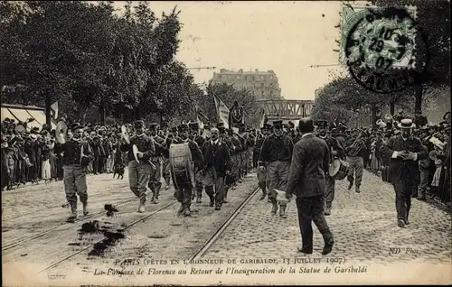 Ak Paris, Feiertage zu Ehren Garibaldis 1907, Die Fanfare von Florenz bei der Rückkehr