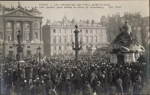 Ak Paris, Les Obseques de Paul Deroulede, Der Trauerwagen fährt vor der Straßburger Statue vorbei