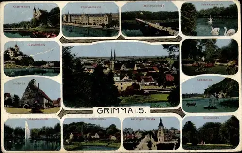 Ak Grimma in Sachsen, Gattersburg, Fürstenschule, Rathaus, Muldenbrücke, Leipziger Straße