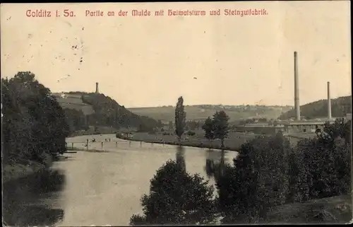 Ak Colditz in Sachsen, Mulde, Heimatsturm, Steingutfabrik