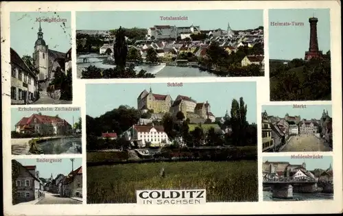 Ak Colditz in Sachsen, Schloss, Totalansicht, Heimats-Turm, Muldenbrücke, Badergasse