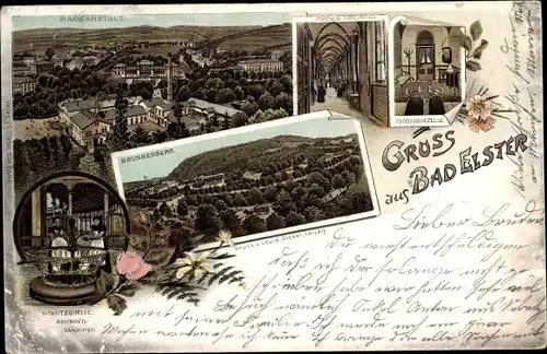 Litho Bad Elster im Vogtland, Panorama vom Brunnenberg, Badeanstalt, Moorbadequelle