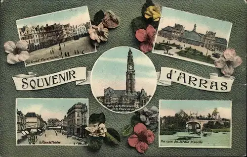 Ak Arras Pas de Calais, Grand Place, Bahnhof, Place du Théâtre, Jardin Minelle