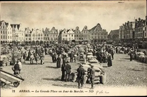 Ak Arras Pas de Calais, Grande Place, an einem Markttag