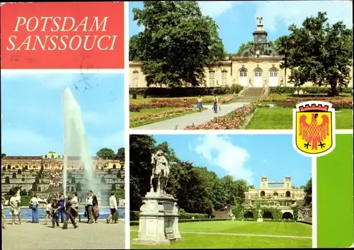 Ak Potsdam, Schloss Sanssouci, Wappen, Reiterstatue, Fontäne