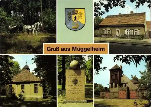 Ak Berlin Köpenick Müggelheim, Kutsche, Altes Bauernhaus, Dorfkirche, Gedenkstein, Feuerwache