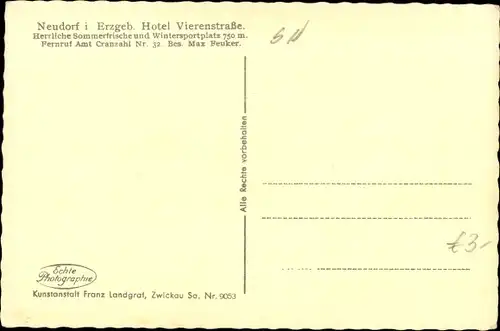 Ak Neudorf Sehmatal Erzgebirge, Hotel Vierenstraße, Winteransicht