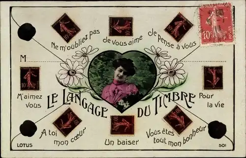 Ak Le Langage du Timbre, Briefmarkensprache, Frau-Portrait, Blumen