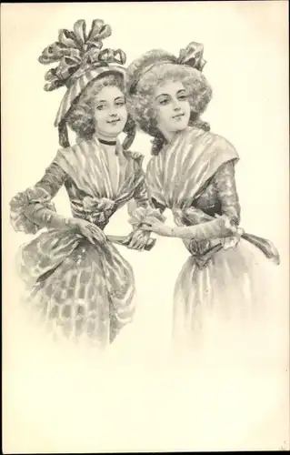 Künstler Ak Zwei junge Frauen, Hut, Fächer