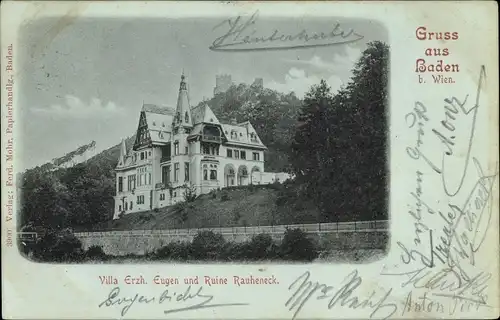 Ak Baden in Niederösterreich, Villa Erzh. Eugen und Ruine Rauheneck