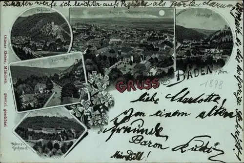 Mondschein Litho Baden in Niederösterreich, Weilburg und Rauheneck, Rauhenstein, Helenental